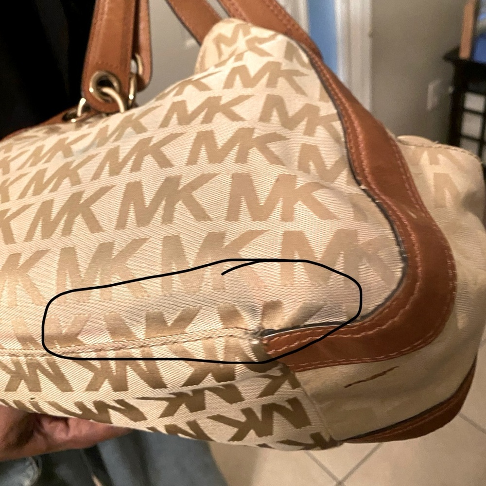 Michael Kors Tan and Brown Shoulder Bag with Monogram Print